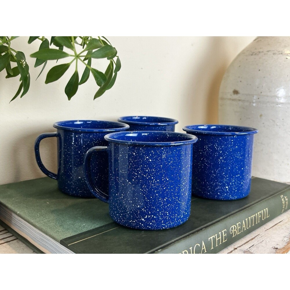 Vintage Blue Speckled Enamelware Metal Coffee Cups Mugs Set Of 4, Cabin Camping - Picture 3 of 8